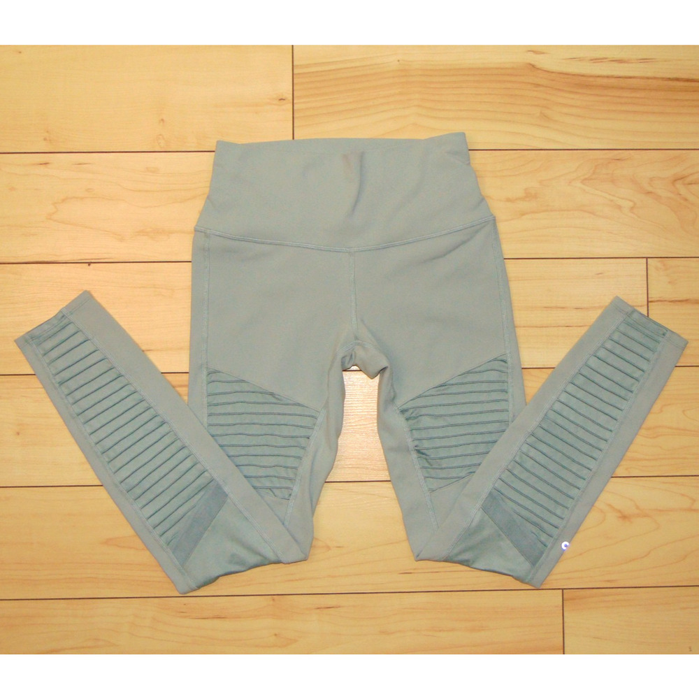 Alo Yoga High-Waist Moto Leggings Sage Green Full Length Mesh Panel Yoga Pants M - Picture 11 of 11